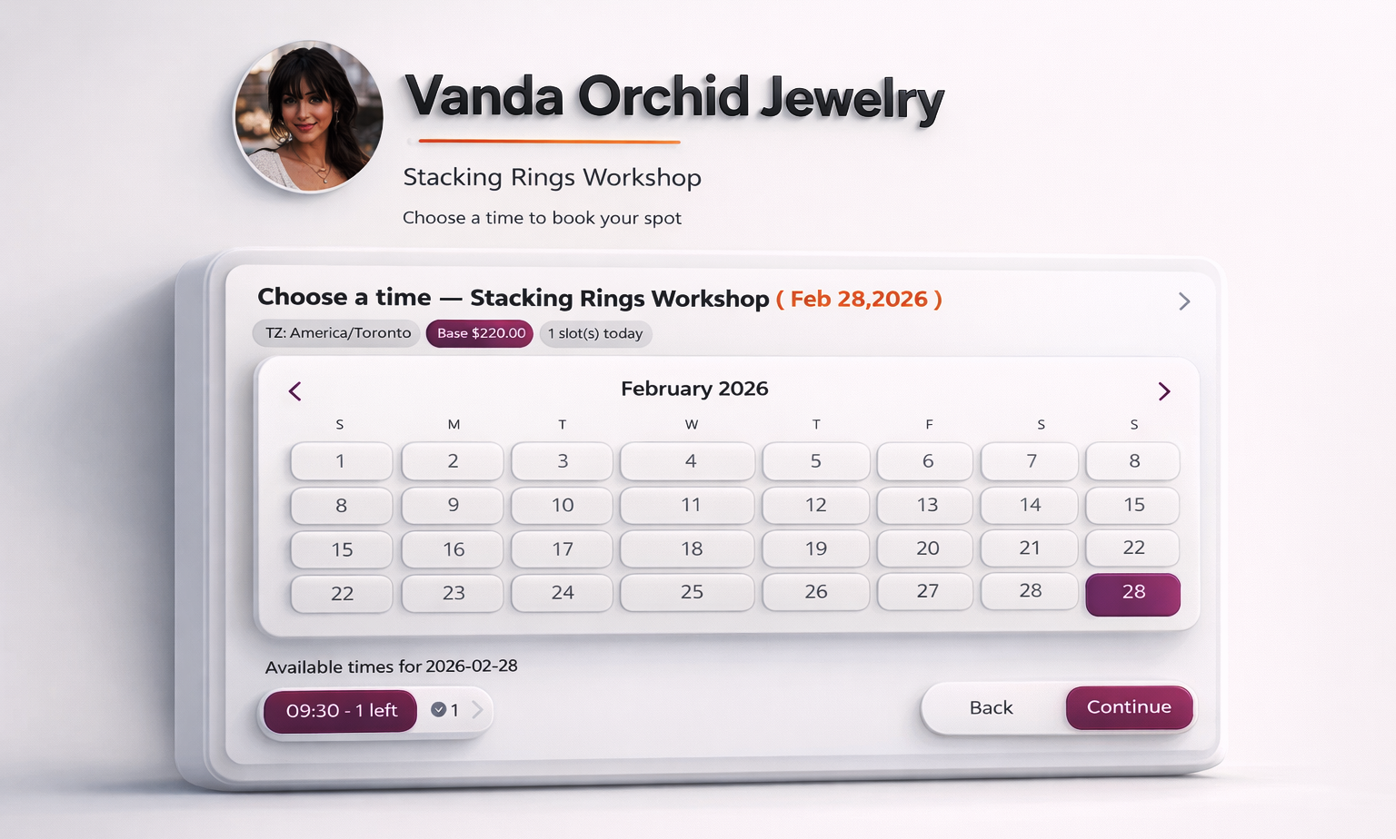 Client-facing booking time selection for salon appointments